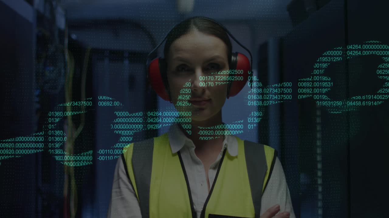 animación del procesamiento de datos en cadena sobre ingeniera de ti caucásica por servidores informáticos