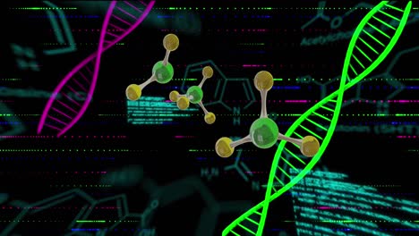 Animation-Von-3D-Mikromolekülen-Und-DNA-Strängen-Auf-Schwarzem-Hintergrund