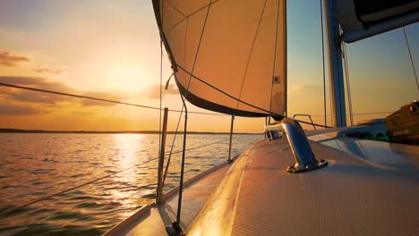 the front bow of a white sailing boat with sunset and sea background