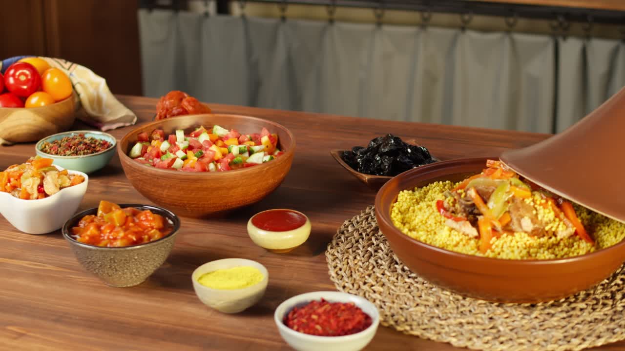 cocina marroquí. tajine, plato tradicional hecho de cordero y berenjena, ensalada de verduras. cultura de oriente medio. couscous con carne de carnero de cerca, arroz delicioso. comida casera.