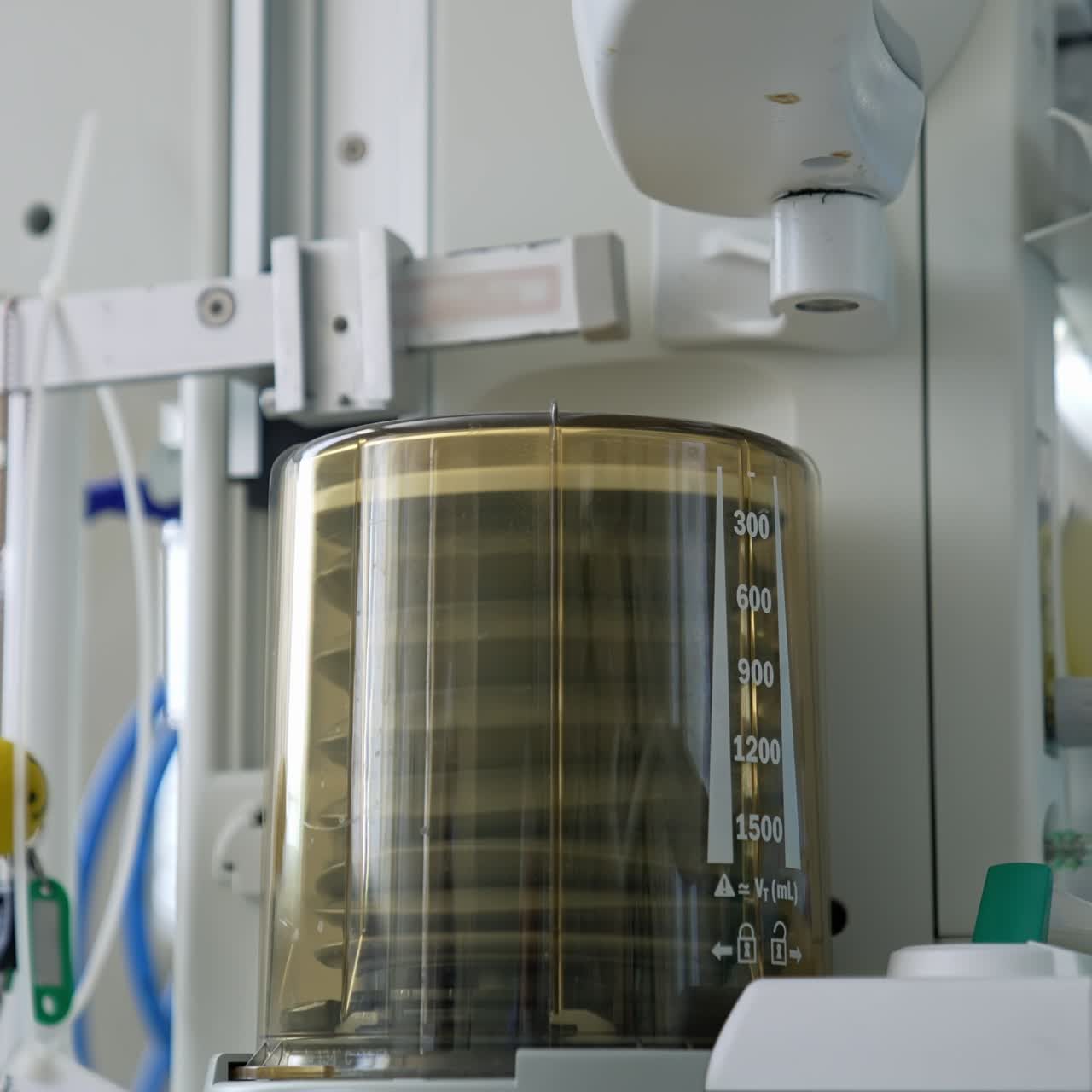 Anaesthesia machine ventilator inside the operating room. Movement of medical device for artificial lung ventilation in hospital. Close-up