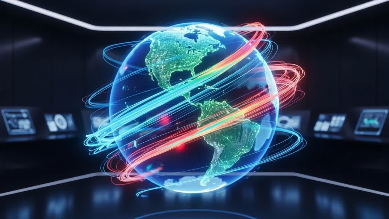 A Stunning Visualization of Earth Surrounded by Dynamic Energy Streams, Showcasing an Abstract Representation of Connectivity and Global Interactions in a Futuristic Setting