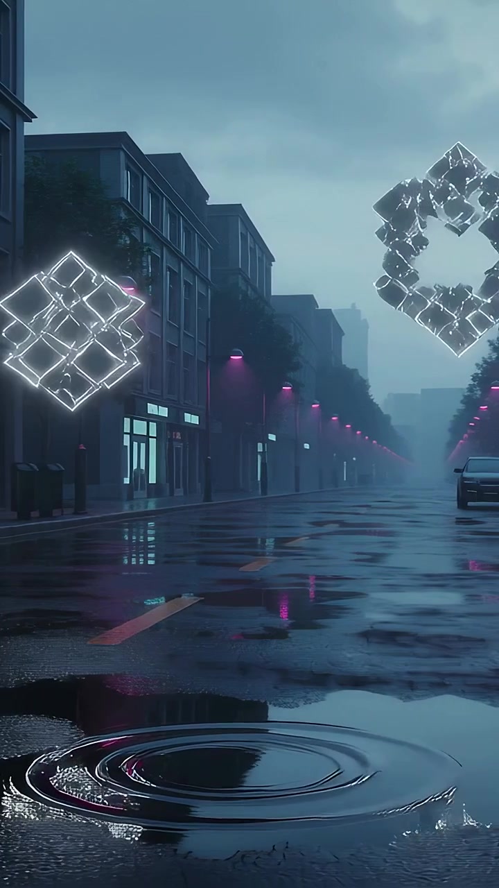 Vertical video: Rising two lit cubes sliding over street by pink lamps, sending squares into pools