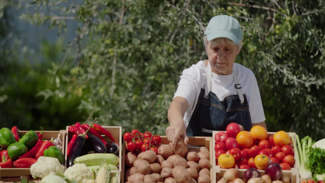 los vendedores colocan las patatas en el mostrador. comercio de verduras locales en una feria agrícola