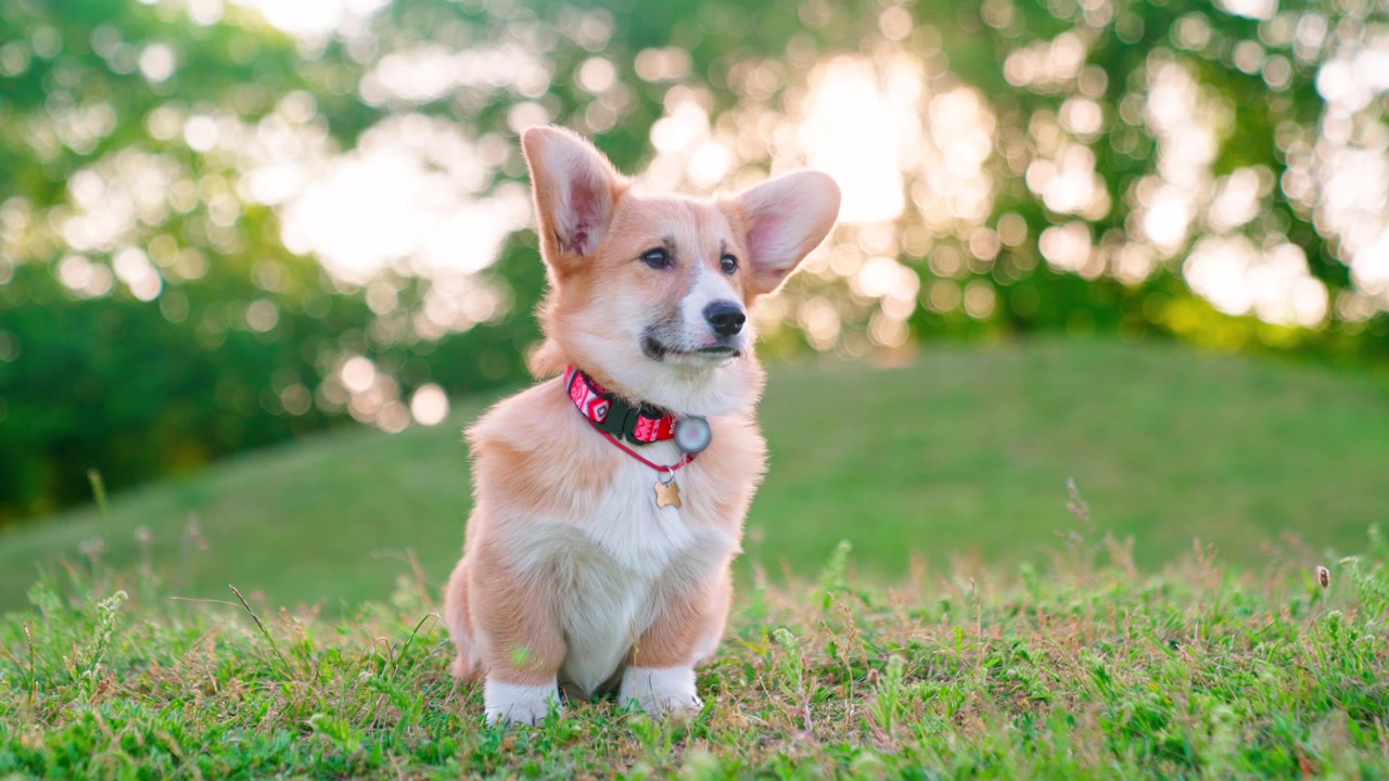 Lindo cachorro Corgi sentado en la hierba verde bajo la luz del sol de la hora dorada