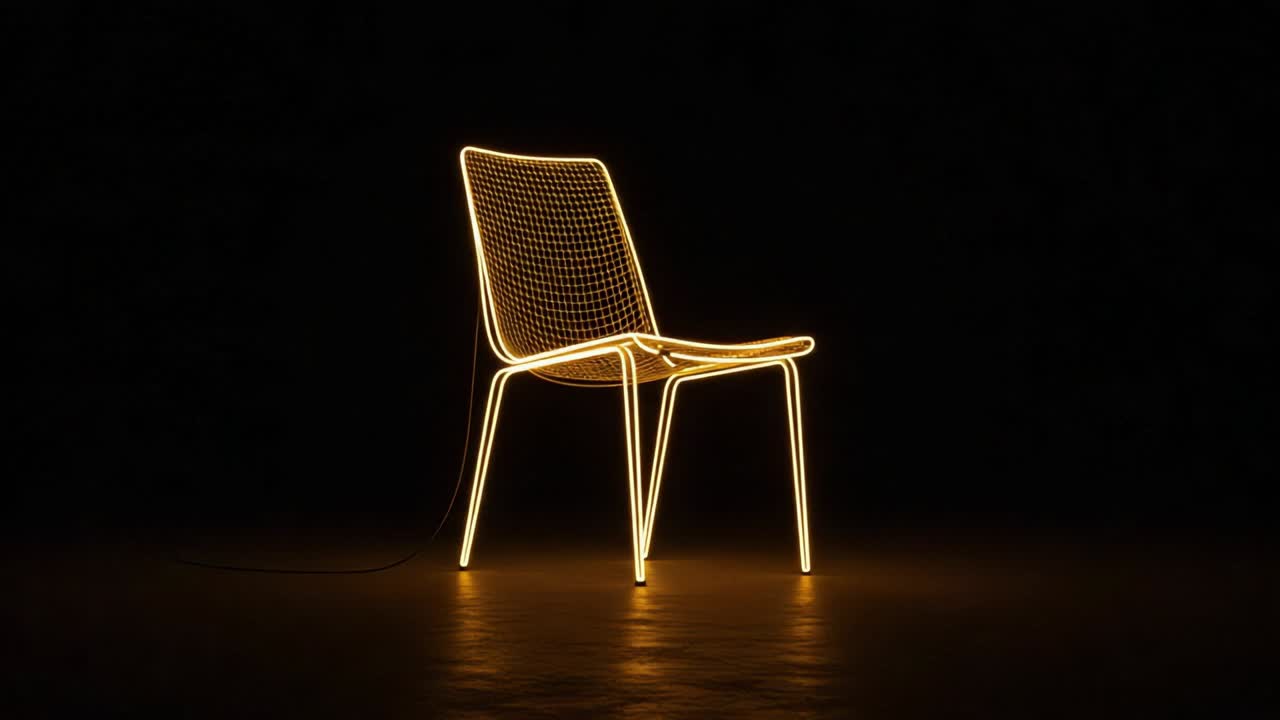 Elegant Illuminated Chair Design Showcasing Unique Wireframe Structure with Soft Ambient Lighting Against a Dark Background for Contemporary Aesthetic Appeal