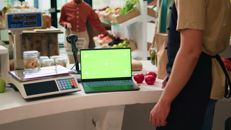 el dueño de la tienda trabaja con pantalla verde.