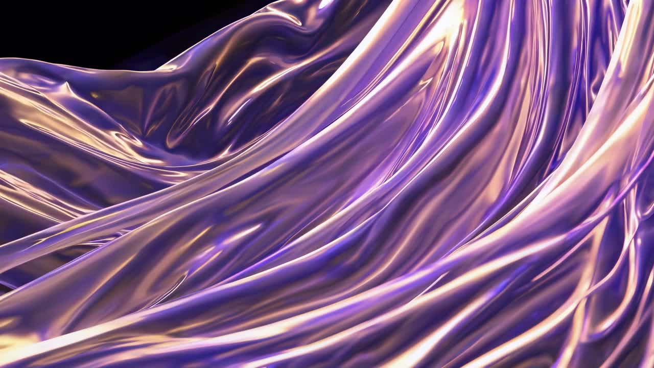 Iridescent metallic fabric gracefully undulating, transforming color from deep purple to shimmering gold against sleek black background, revealing fluid motion and mesmerizing gradient