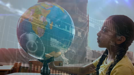animación del procesamiento de datos sobre una escolar mirando el globo en clase
