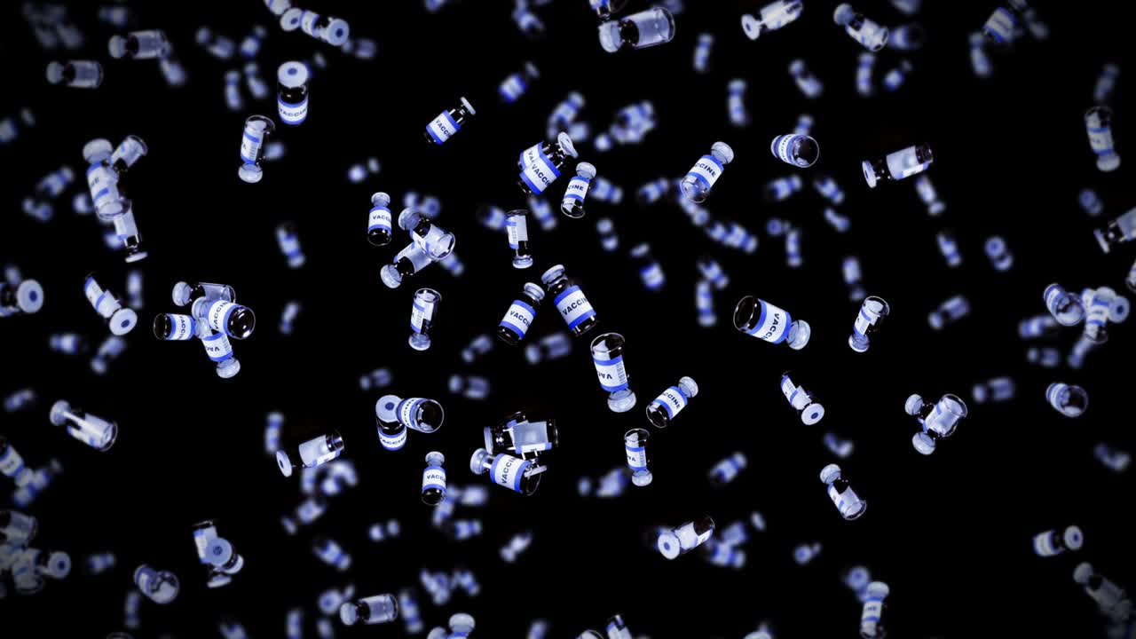 Flying many vaccine bottles on black background. Medical concept. Virus cure. Transparent liquid. 3D loop animation of vaccines.