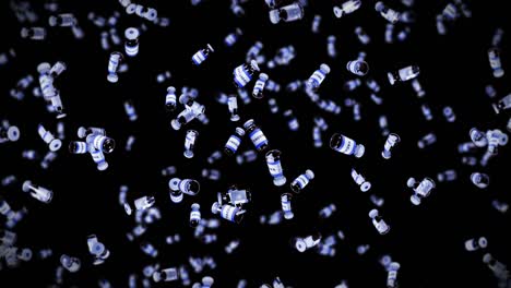 volando muchas botellas de vacunas en fondo negro. concepto médico. cura de virus. líquido transparente. animación de bucle 3d de vacunas.