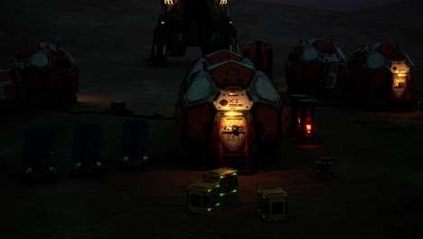 mars colony base at night with illuminated habitats and equipment