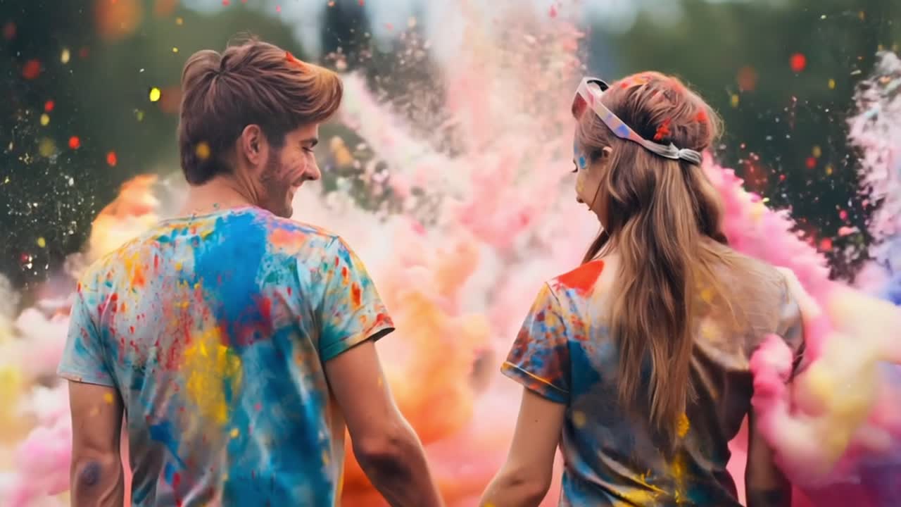 Coppia che festeggia con polvere colorata a un festival