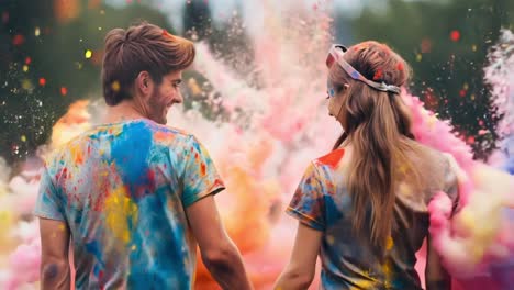 couple celebrating with colorful powder at a festival
