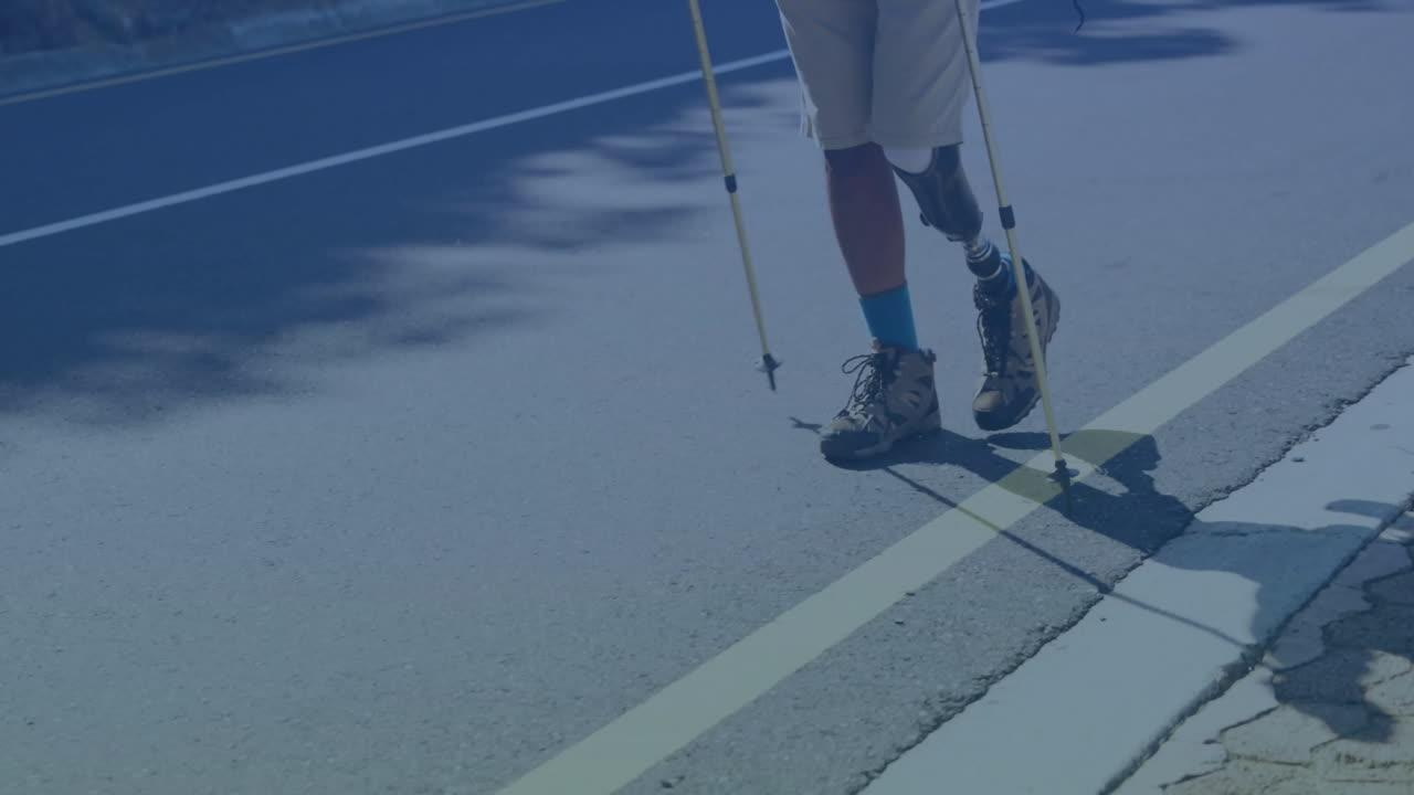 Prosthetic leg technology animation over person walking with crutches on pavement