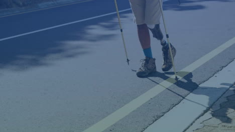 prosthetic leg technology animation over person walking with crutches on pavement