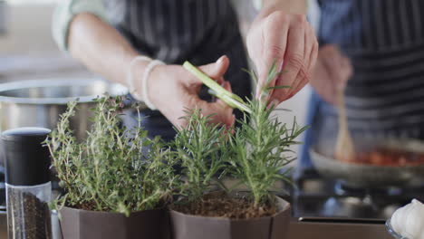 Middle-aged-caucasian-couple-chopping-herbs,-cooking-together-in-kitchen-at-home,-slow-motion