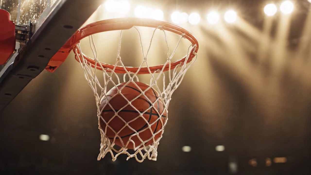 Un dramático primer plano de una canasta de baloncesto capturada en una arena bien iluminada, destacando la red y el tablero en medio de un dinámico entorno deportivo.