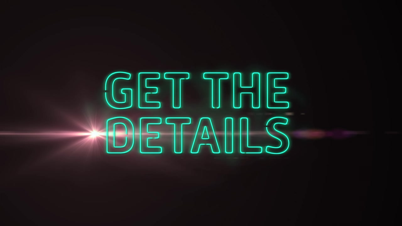 Animation of blinking get the details text and pink lens flare over black background