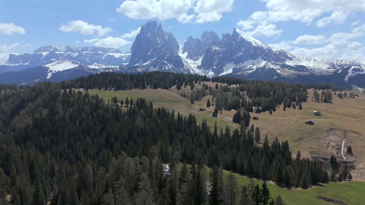 vista aérea de densos bosques y verdes prados con el majestuoso grupo de langkofel en las dolomitas, italia, bajo un cielo brillante