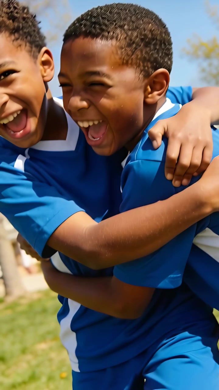 Vídeo vertical: Dois meninos de camisas azuis se abraçando e rindo, celebrando um gol em campo gramado.