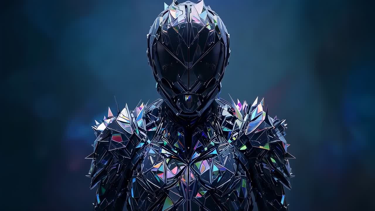 Zooming camera revealing armored figure posing in blue haze showing faceted helmet and prism plates