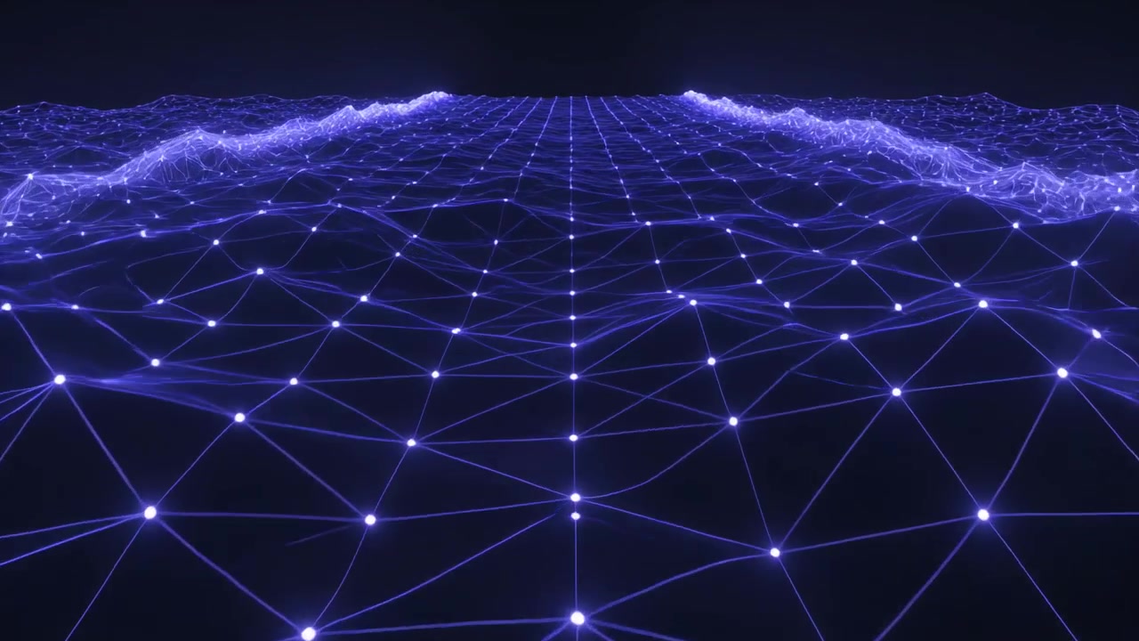 Advancing camera visualizing glowing purple mesh plane in void, pulsing nodes, faint crest glows