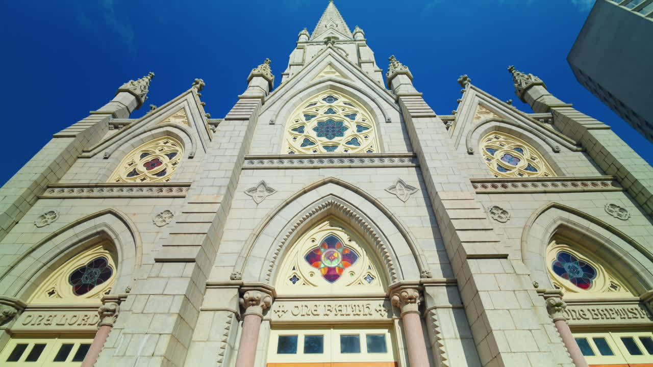 Panoramic view of the facade of Saint Mary0s Cathedral in Halifax, Nova Scotia, Canada.