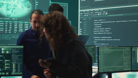 Group of governmental hackers analyzing digital threats on pc networks