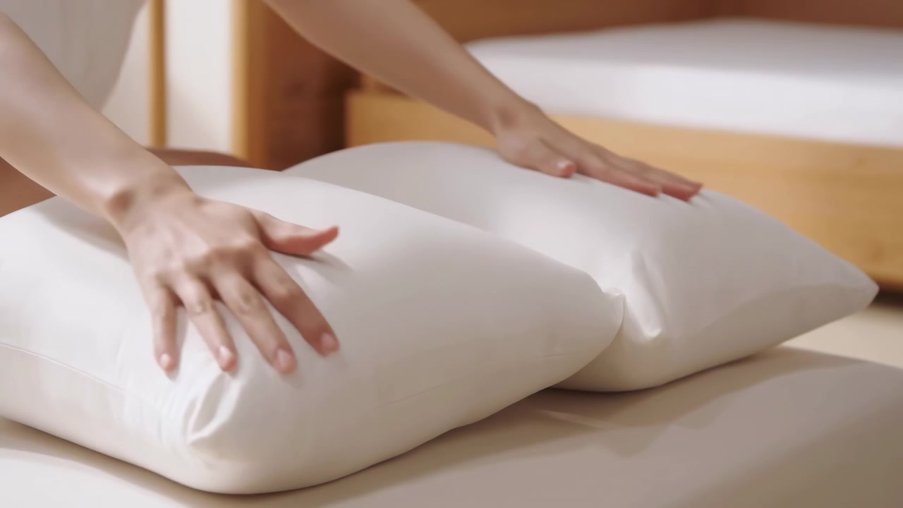 Vista cercana de manos ajustando una almohada blanca suave en una cama ordenada en el interior de un dormitorio cálido, con un cabecero de madera y una suave luz natural creando un ambiente tranquilo