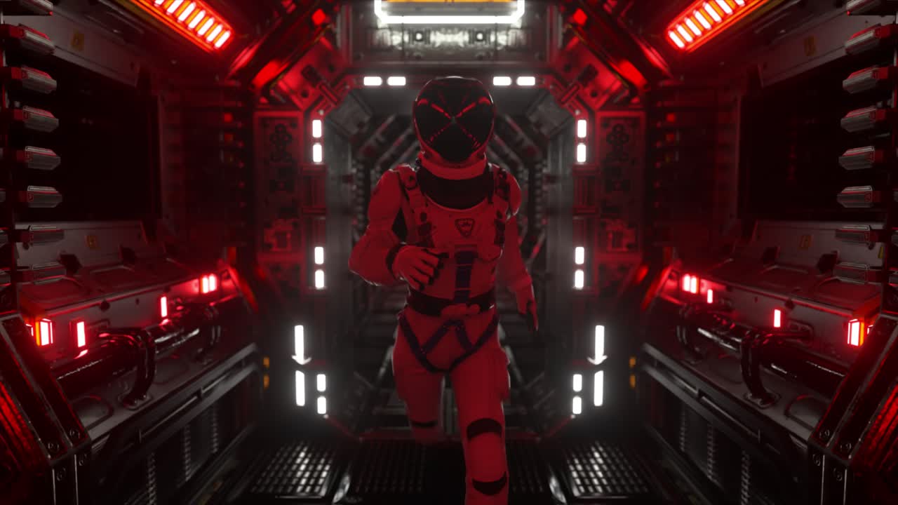 미래의 우주선 복도에서 우주비행사