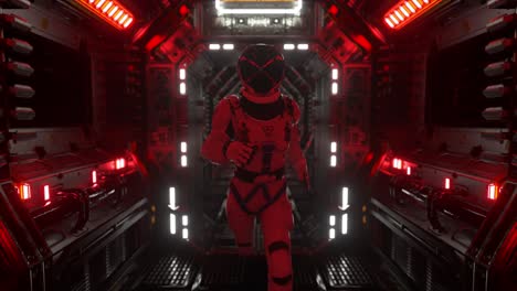 astronaut in a futuristic spaceship corridor