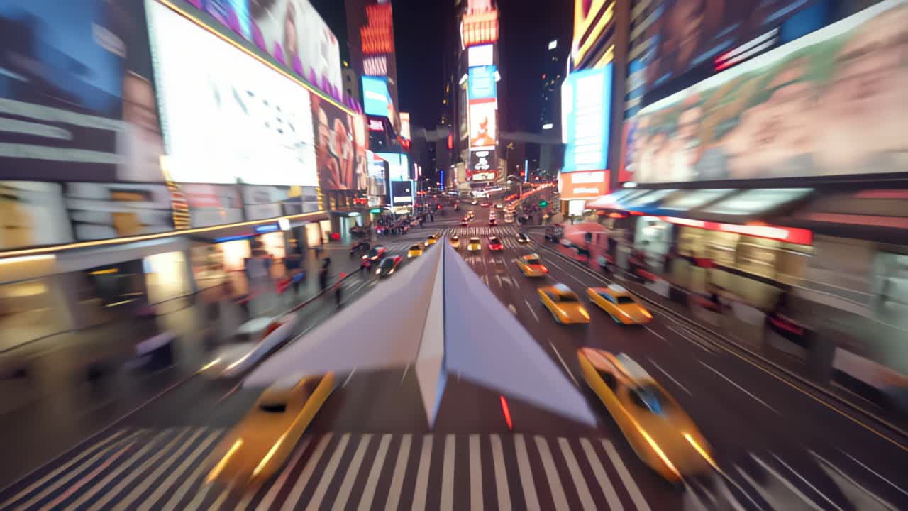 Dynamic urban traffic scene with motion blur and bright advertising screens as a paper airplane flies above the street, symbolizing travel, freedom, and imagination