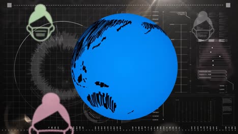 animation of globe and people icons in masks over data processing on interface