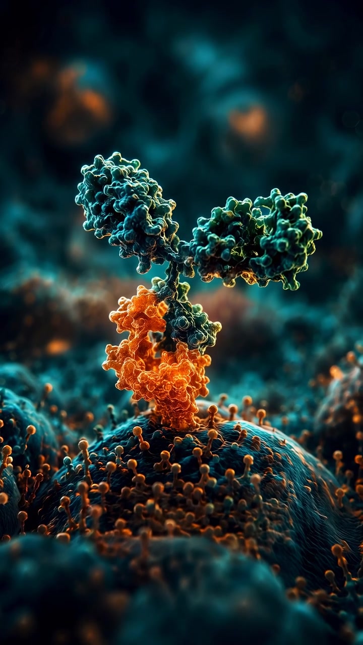 Y-formet antistoflignende protein binder sig til et membranreceptorkompleks i turkis og ravfarvet belysning, med et lavere orange domæne, der interagerer med en tekstureret celleoverflade, mens øvre lapper strækker sig udad i videnskabelig detalje