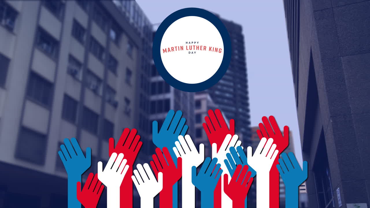 마틴 루터 킹 데이의 복합 비디오 텍스트 배너 손 아이콘과 높은 건물에 대항