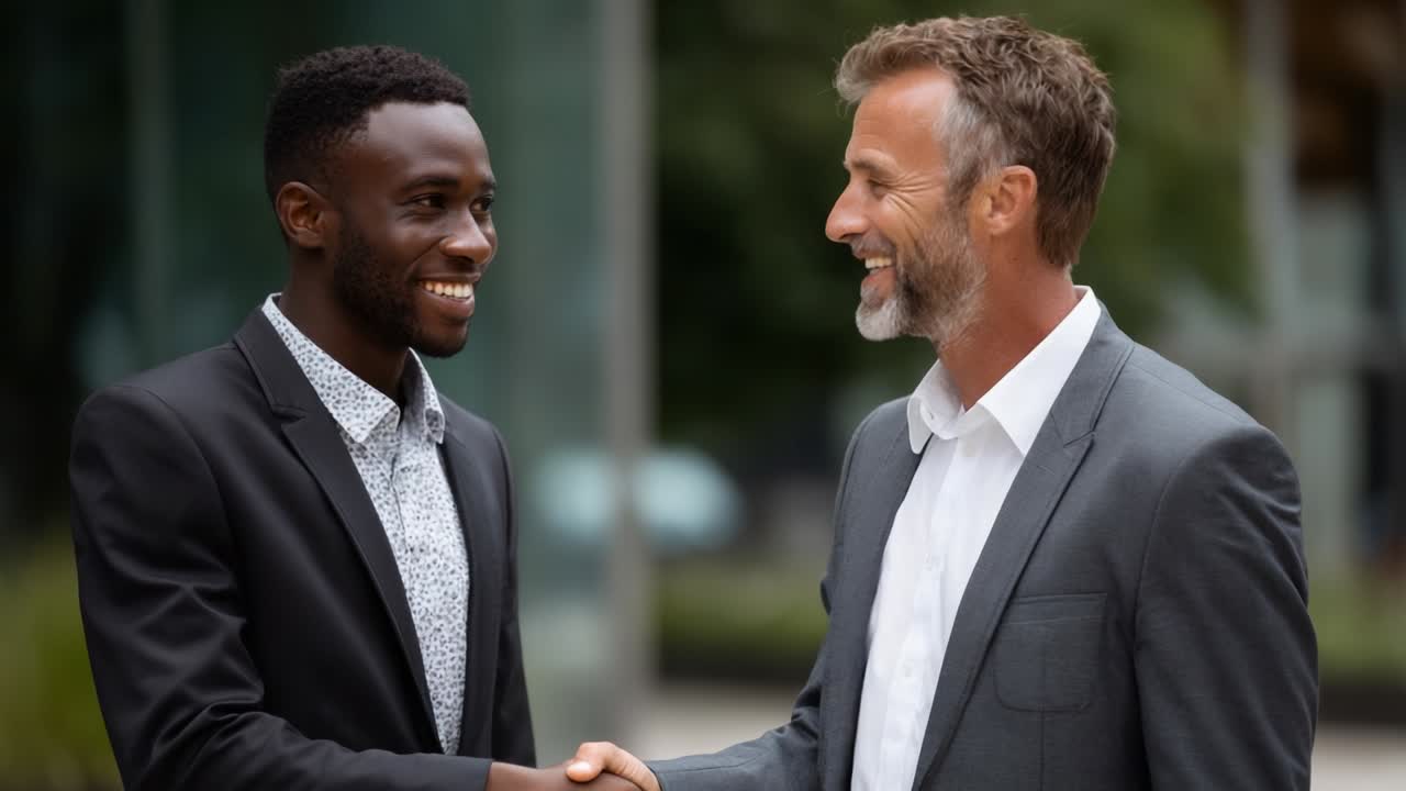 A Professional Meeting of Two Colleagues Engaged in a Handshake, Symbolizing Partnership and Agreement in a Business Setting with a Friendly Atmosphere and Smiles Reflecting Mutual Respect and Collaboration
