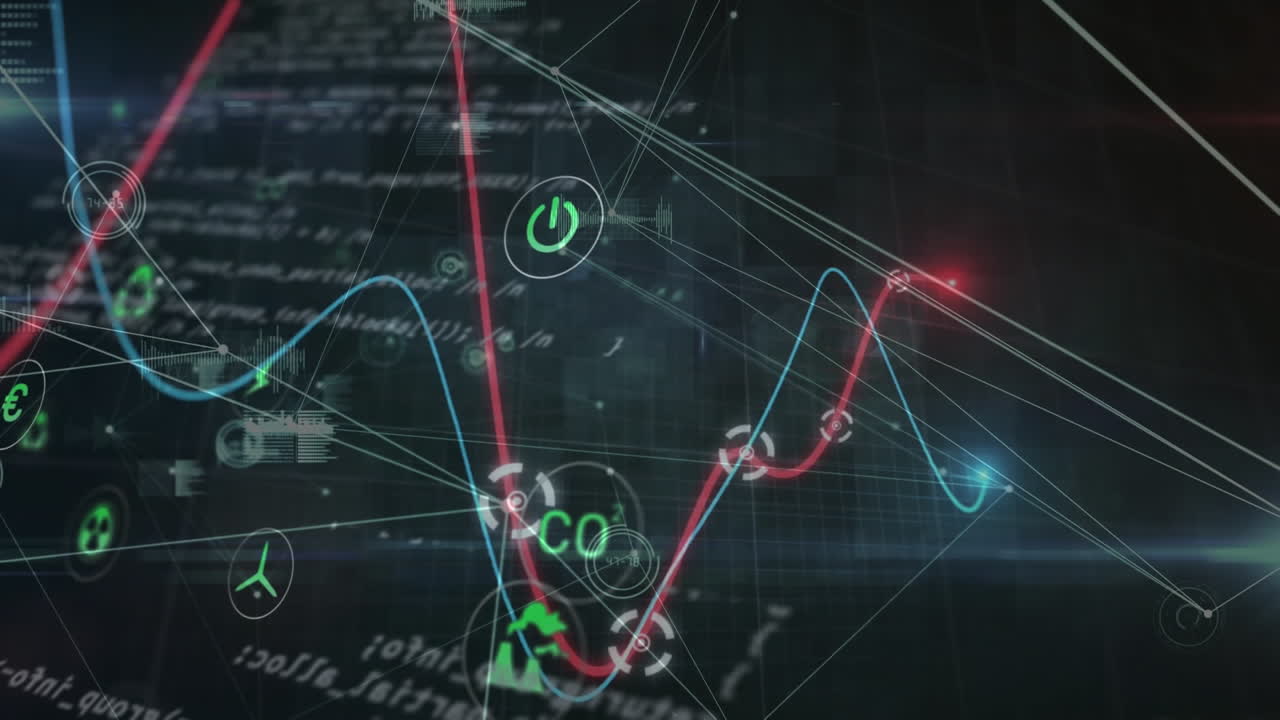 푸른 배경에 금융 데이터 처리를 가진 에코 아이콘, 통계의 애니메이션