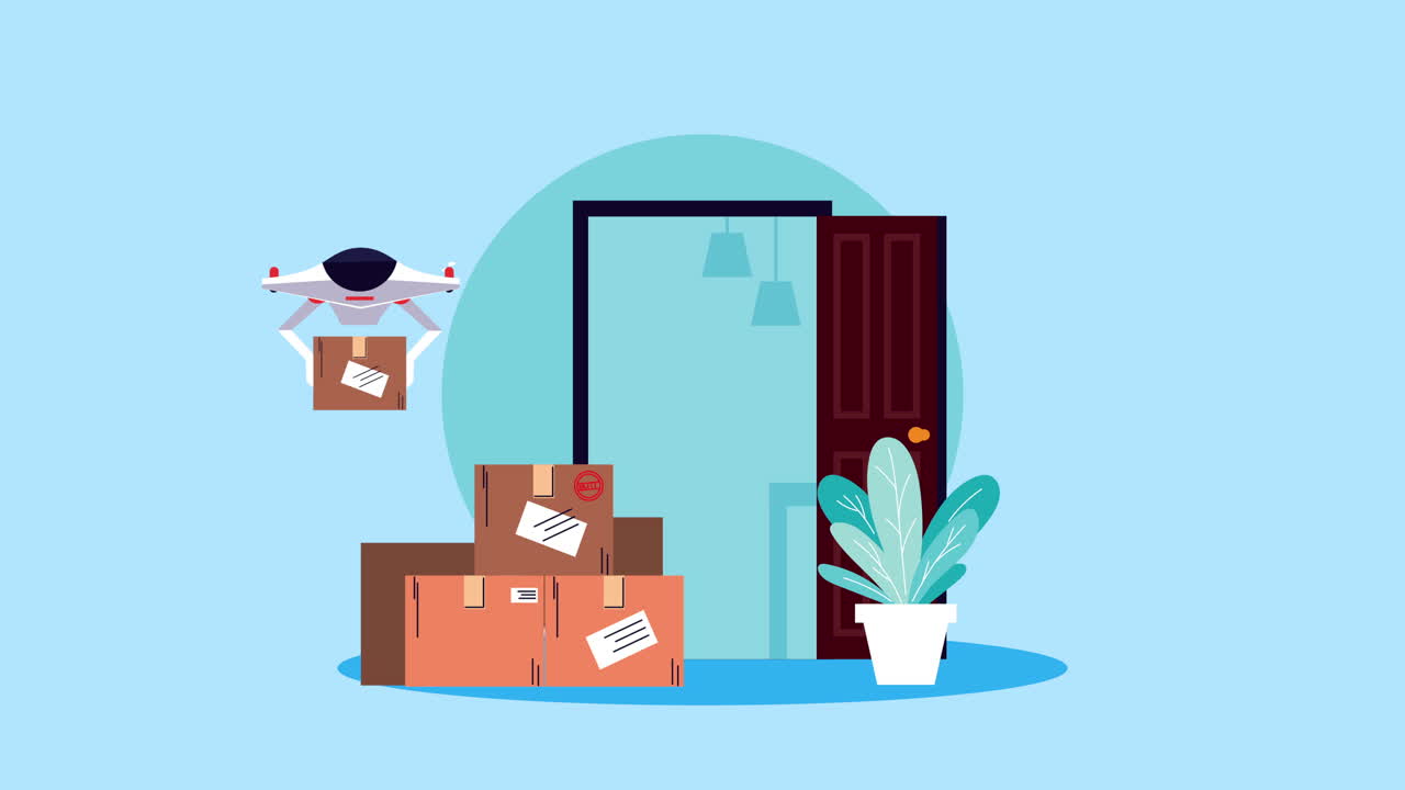 드론과 상자 애니메이션으로 배달 서비스