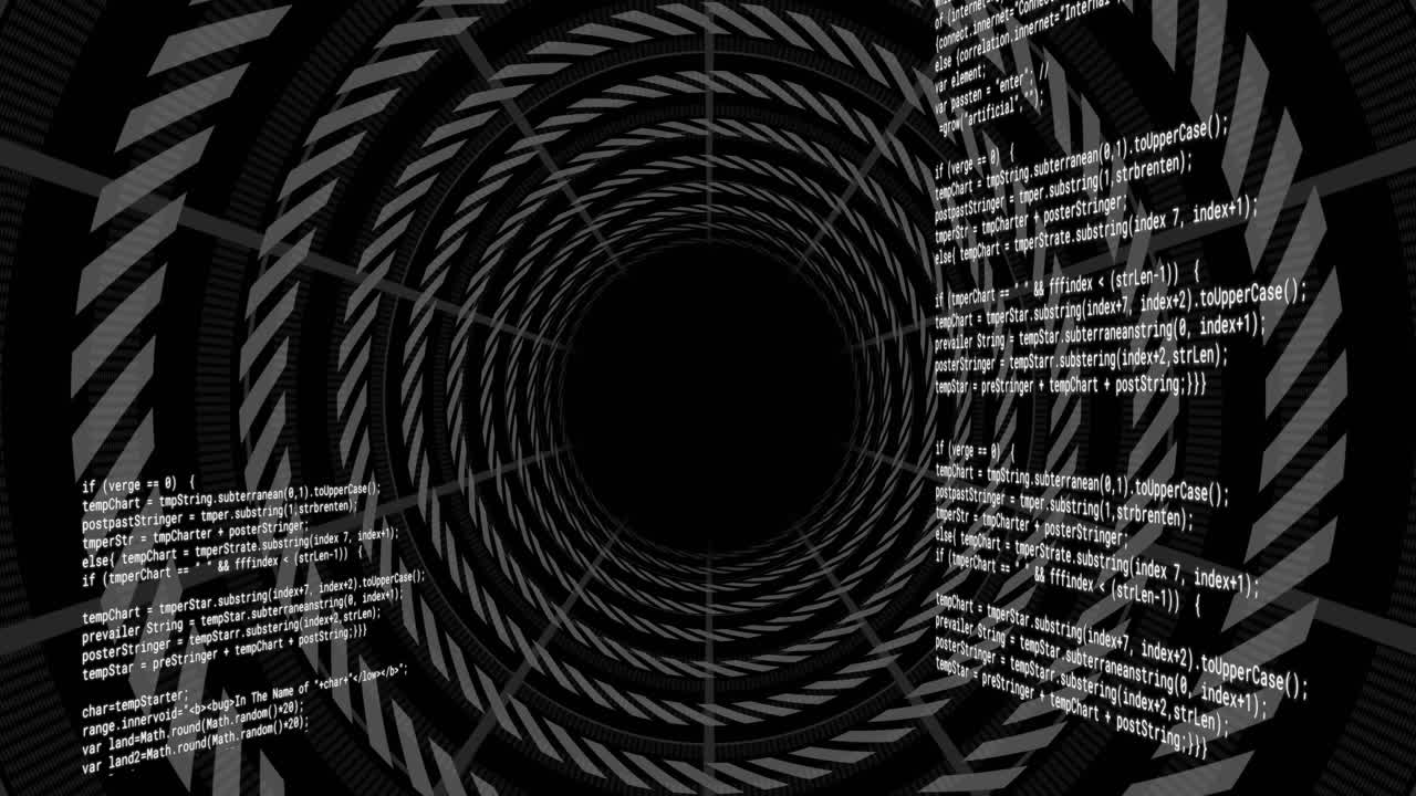 Animation of text data processing over tunnel of concentric rings on black background