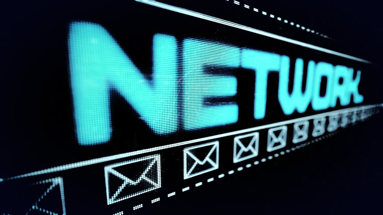 Animation of blue text social network and scrolling email envelope icons on black background