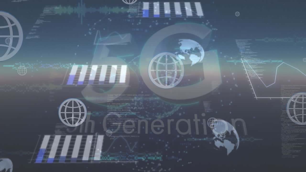 animación del procesamiento de datos sobre texto y globos 5g