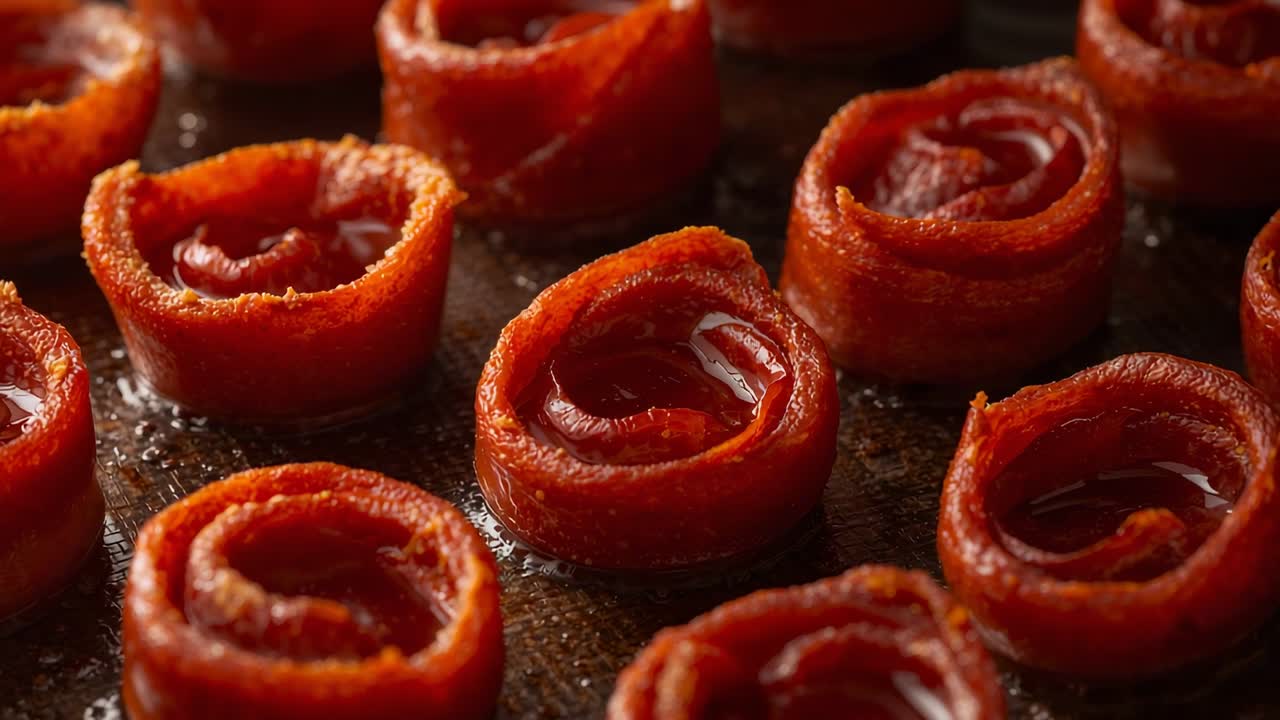 Rendering di fette di salame piccante con bordi croccanti e olio che si raccoglie su una teglia in cucina vicino al calore del forno