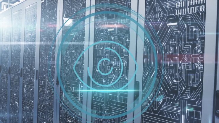 Animation of cyber security text, eye retina scanner, microprocessor connections against server room