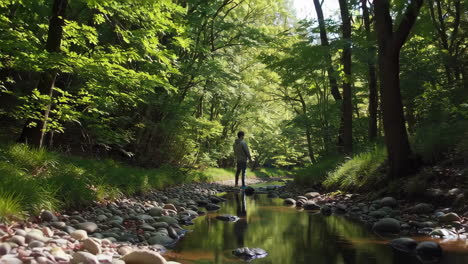 person walking along a forest stream