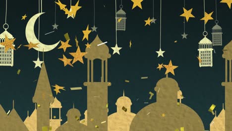Animation-Von-Lichtern-über-Laternen,-Monden-Und-Moschee