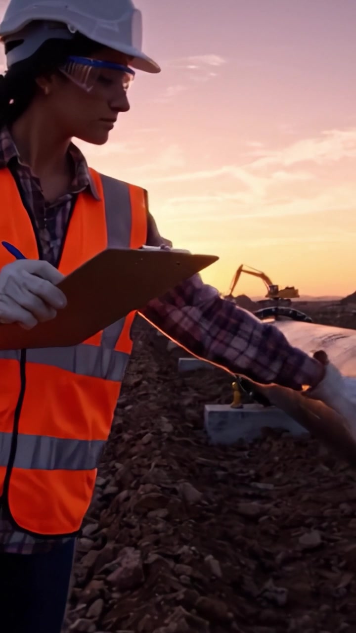 En arbejder inspicerer en ny rørledningsinstallation ved solnedgang, der fremviser den igangværende udvikling af energiinfrastruktur i et vidtstrakt landskab