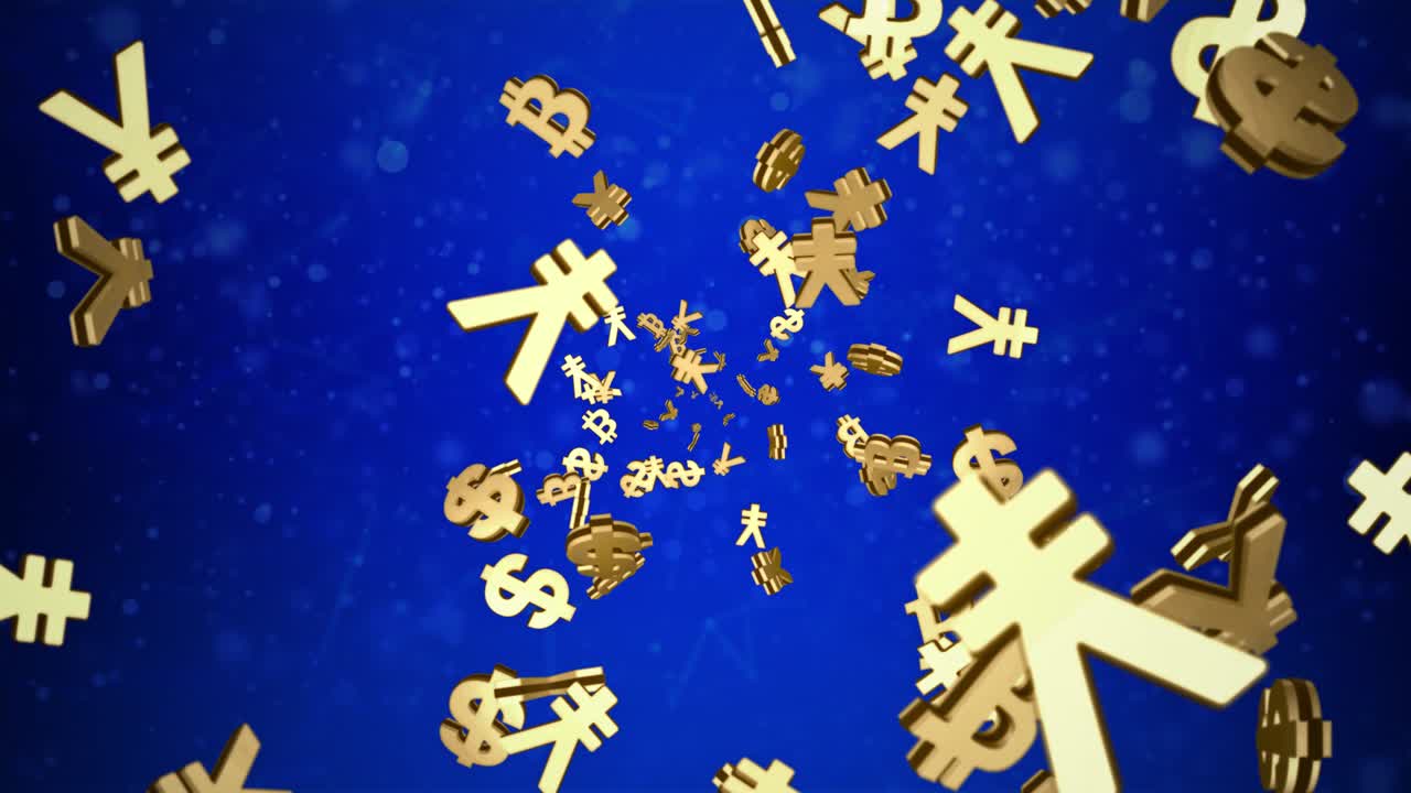 Shiny golden currency signs falling down in slow motion 3d blue motion money stock digital currency