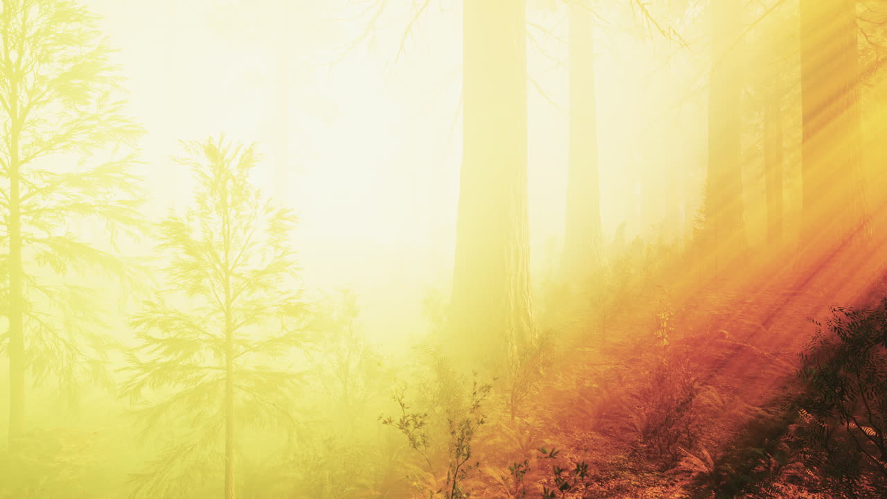 안개가 쌓인 아침에 숲 속 깊은 곳에서