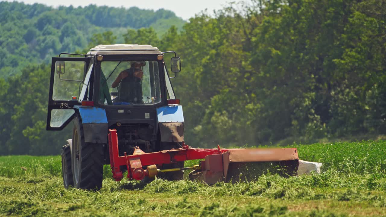 Tractor is cutting green grass on the field near the forest. Agricultural works in the green field during seasonal works for preparing fodder for livestock in summer.